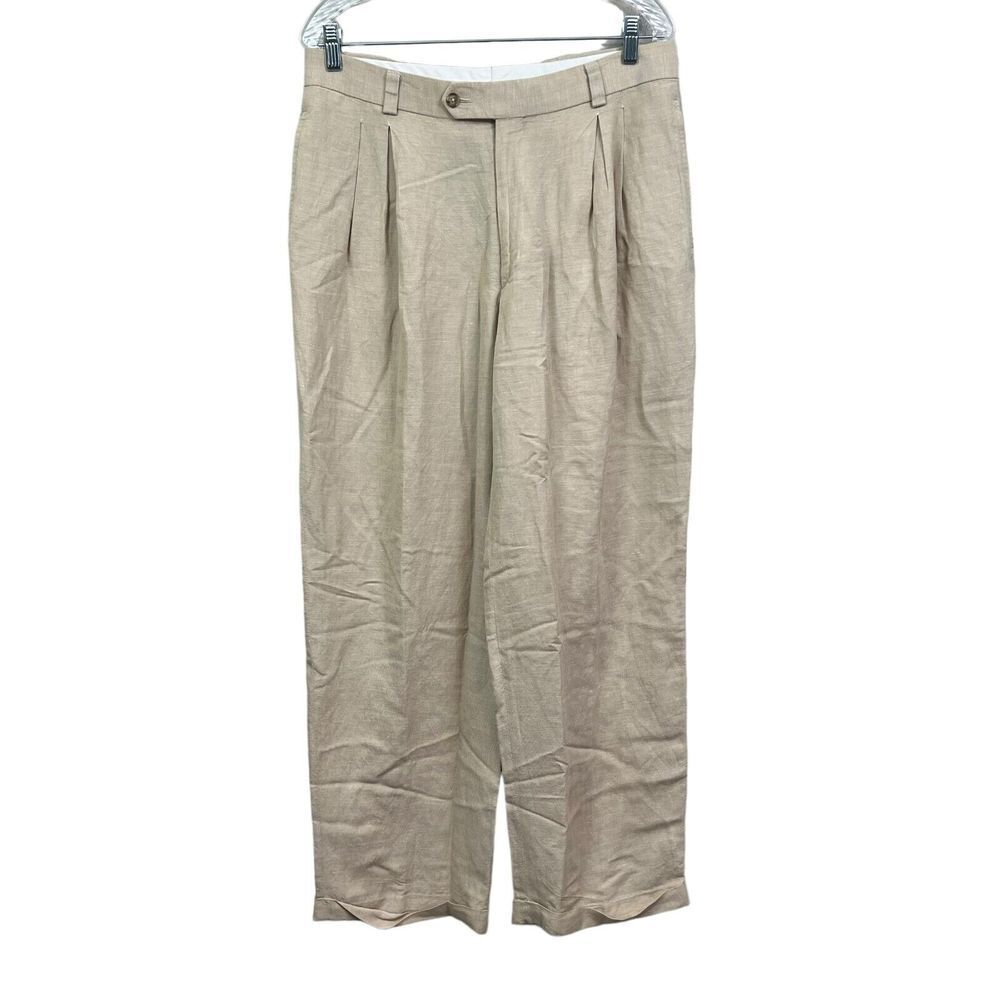Karl Kani Mens Trousers Pants Linen Blend Straight Leg Pleated Cuffed Beige 34*